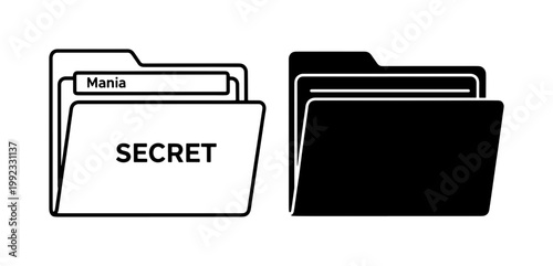 Secret file folder icons in outline and solid styles, confidential document storage symbols, black and white office mania folder vector set