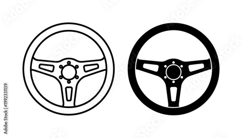 Racing steering wheel vector icons, black and white sports car steering wheel set, automotive performance parts for driving simulators and drift culture