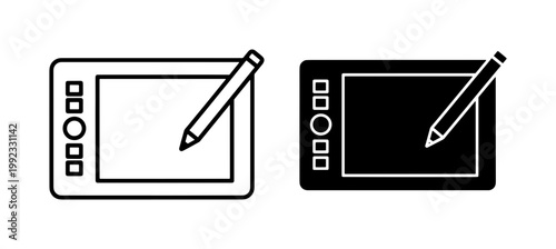 Graphic drawing tablet icons, digital pen and stylus illustration vector set, professional designer hardware symbols in outline and glyph styles