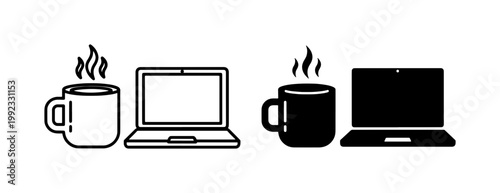 Minimalist laptop and coffee mug icons, black and white office workstation symbols, flat vector set of computer and hot drink illustrations for remote work