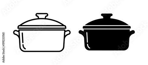 Minimalist cooking pot vector icons, black line and silhouette kitchen saucepan symbols, professional culinary cookware illustrations for food apps