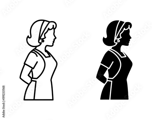 Vintage housewife silhouette icons, retro woman in apron vector set, mid-century domestic lady profile, classic 1950s female character graphics
