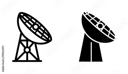 Satellite dish antenna vector icons, black parabolic radar communication symbols, wireless telecommunication equipment set for signal transmission