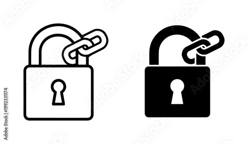 Minimalist padlock with chain icons, black and white security lock vector set, digital privacy and data protection symbols for web design