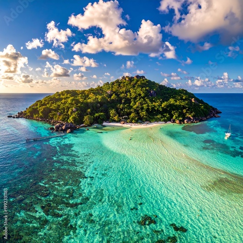 Tropical Paradise Island Aerial View With Lush Green Forest White Sand Beach And Crystal Clear Turquoise Coral Reef Water Under Blue With Clouds