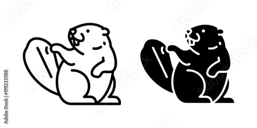 Minimalist beaver icon set, black and white beaver vector illustrations, cute wildlife animal character symbols for nature branding and logos