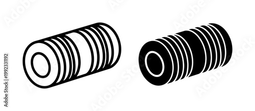 Industrial threaded bolt vector icons, black and white metal screw fasteners, cylindrical hardware components for engineering and construction