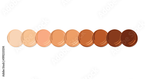 A sequence of ten glossy circular liquid foundation droplets displays a diverse range of skin tones from pale ivory to deep mahogany on white background.