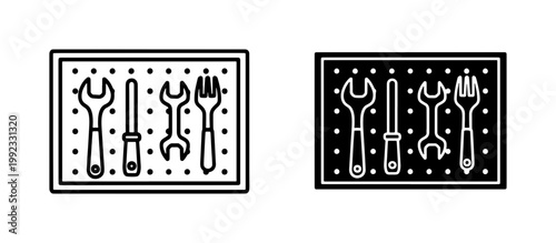 Industrial pegboard tool organizer icons, workshop wall with wrench and screwdriver, garage storage system vector set in line and solid styles