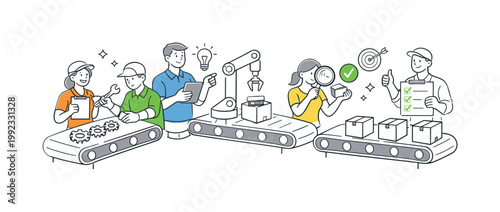 Team coordinating production tasks and quality control within an industrial assembly line to ensure consistent output and standards, represented through a metaphor of