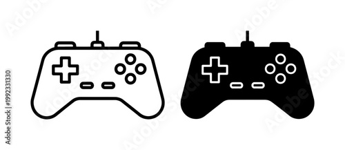 Minimalist video game controller icons, black line and solid silhouette gamepad vector set, modern gaming console joystick symbols for UI design