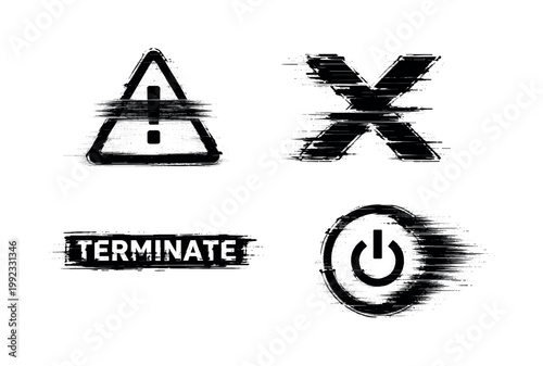Digital fatal interrupt and system termination theme, a set of 3 glitch-distorted monochrome objects placed on a perfectly clean white background, each object exhibiting
