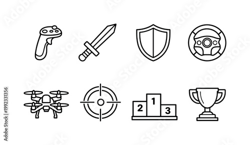 VR gaming and interaction: joystick controller, sword game weapon, shield icon, racing wheel, flying drone, target reticle, leaderboard podium, achievement trophy.