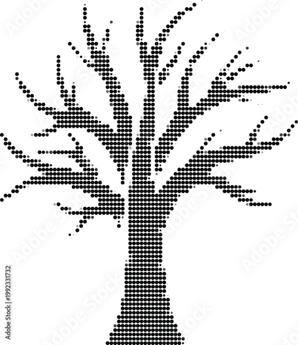 Bare tree silhouette composed of numerous dots against a checkered background.