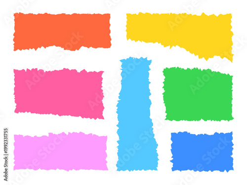 Torn paper pieces set, colorful stickers with torn ragged edges isolated on white. Bright elements for creating collages, scrapbooking, stickers, inscriptions, banners, notes. 