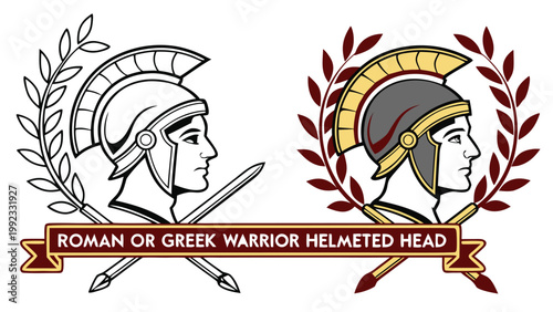 Vector illustration of ancient roman and greek warrior head with gladiator military monochrome illustration