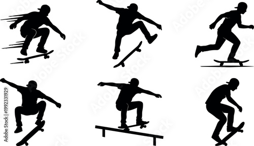 Black silhouette skateboarder performing tricks in midair and on rail vector art