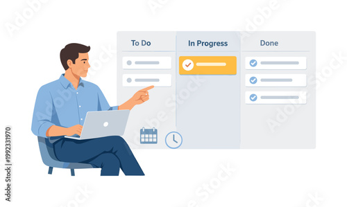 A professional maintaining clear digital task segmentation in a structured workflow, seated with a laptop while interacting with a simple divided panel layout and