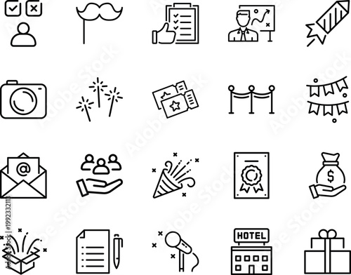 Event planning party celebration business marketing icons, firework, camera, tickets, garlands, certificate, giftbox, microphone