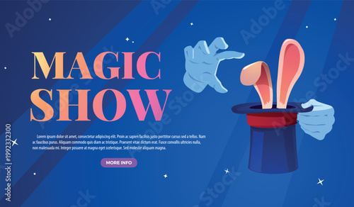 Magic show banner vector design, magician hat with hare inside, ears stick out, vector cartoon illusionist focus trick