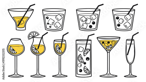 Vector illustration set of alcoholic beverage cocktails with ice cocktail beverage illustration collection