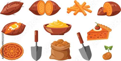 Sweet Potato and Yam Vector Icon Set Featuring Baked Potato with Butter, Fries, Mashed Sweet Potatoes, Pie Slice, Garden Trowel, and Harvest Sack for Culinary Designs