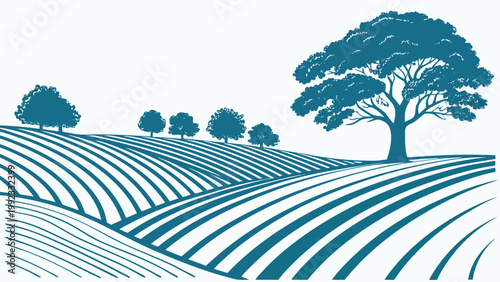 Vector illustration of rural landscape with rolling hills and trees in blue tones landscape countryside