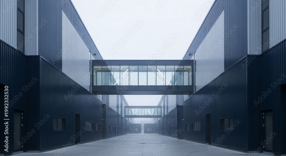 Obraz premium Modern industrial complex with elevated glass skybridge