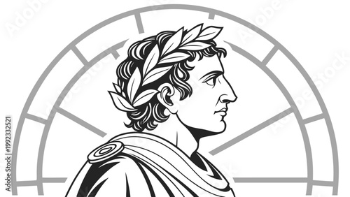 Vector illustration of a roman emperor profile with laurel wreath portrait architecture illustration