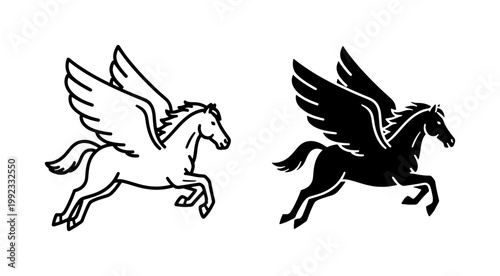 Mythical Pegasus flying horse vector icons, black and white winged stallion silhouettes, ancient Greek mythology creature logo set