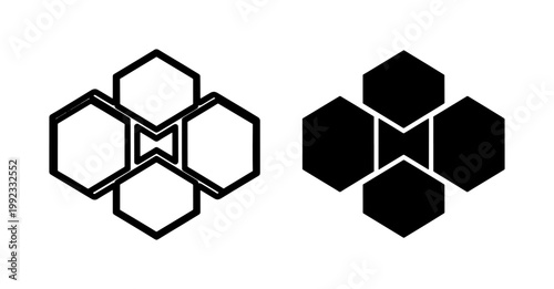 Minimalist honeycomb hexagon icons, geometric bee hive cell vector symbols, black and white abstract hexagon shapes for logo design and branding