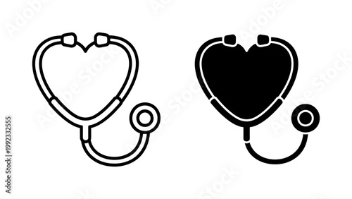 Stethoscope heart icon set, medical equipment vector illustrations, black and white healthcare symbols for cardiology and nursing design