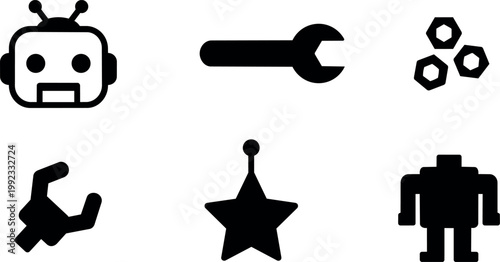 Black and white robot wrench nuts claw star gear icons set