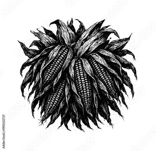 A dense cluster of dried corn husks with partially exposed cobs shown in a slightly angled view, enlarged to dominate the frame as a layered organic mass on a clean white