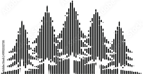 Pine forest landscape in halftone dot style with row of coniferous trees black and white.