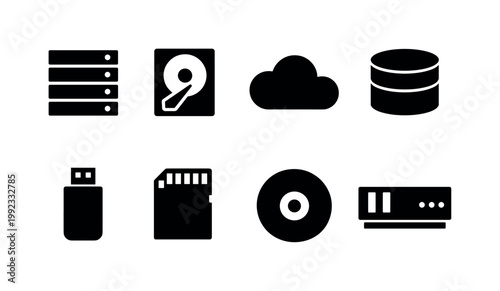 Data storage systems: server rack, hard drive, cloud storage, database cylinder, usb flash drive, sd card, backup disk, network storage unit.