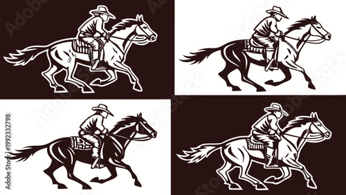 Vector illustration of a cowboy riding a galloping horse in silhouette style with galloping, equestrian