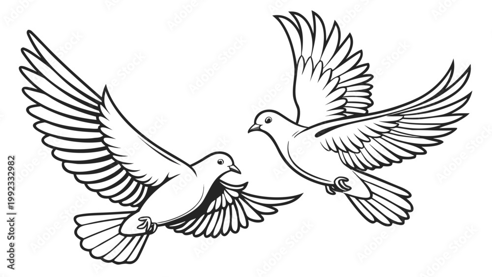 Obraz premium Vector illustration of two flying pigeons with spread wings monochrome isolated wildlife feathers