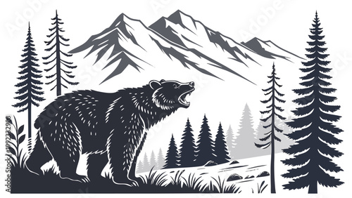 Vector illustration of a roaring grizzly bear in the mountains with mountain wilderness landscape adventure