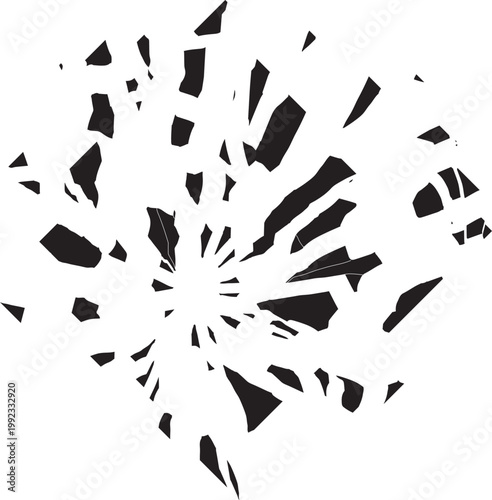 Shattered glass or fractured pattern with scattered sharp fragments, vector broken black and white background, splinters