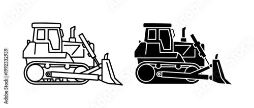 Bulldozer Crawler Tractor Outline and Silhouette Icon Set