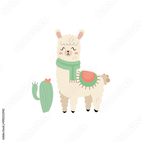 Cute llama with scarf and cactus vector illustration. Funny alpaca character isolated on white for nursery design, kids apparel, birthday cards and south american animal clipart.