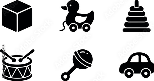 Black and white baby toy icons with duck rattle drum car and stacking rings