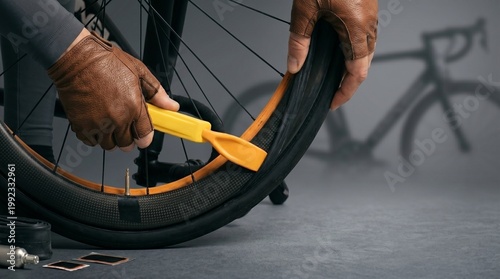 Man wearing cycling glove replacing bicycle tire with plastic lever tool. Professional mechanic fixing bike wheel tube. Maintenance work, outdoor sport equipment repair and service.