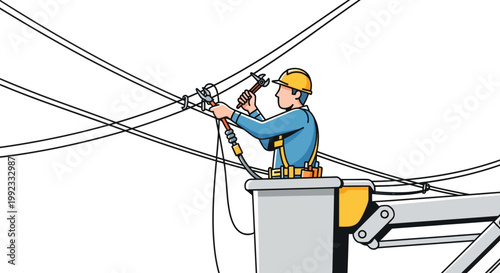 Illustration of Utility Worker Repairing Power Lines on Lift