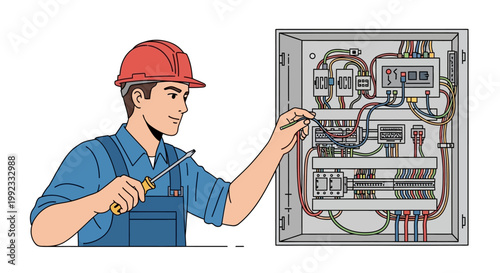 Electrician in hard hat working on electrical panel wiring