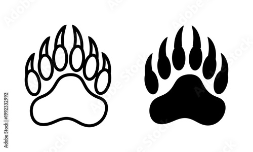 Black Bear Paw Print Silhouette and Outline Vector Icons