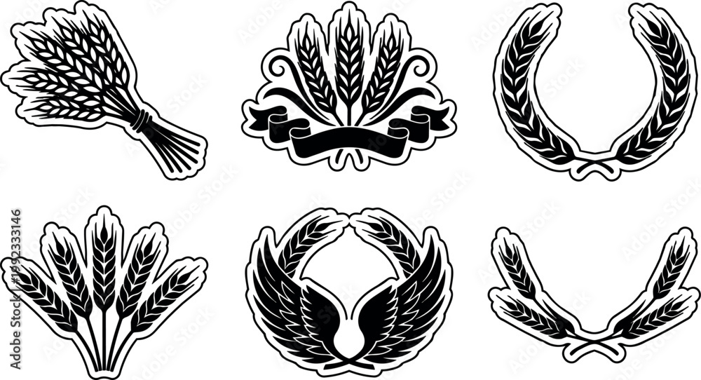 Fototapeta premium Black and white wheat ears and laurel wreath vector art set with ribbon and wings