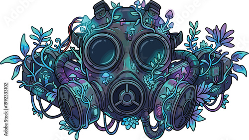 A gas mask adorned with glowing mushrooms and vibrant floral growth