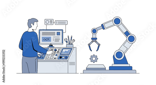 Engineer operating robotic arm in a high-tech manufacturing facility
